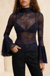 TRENDYOLMİLLA Navy Blue Lace Boho Party Blouse - Image 3