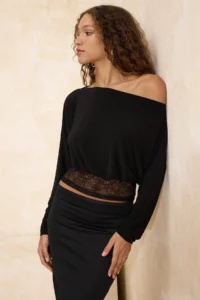 TRENDYOLMİLLA Black Asymmetric Yaka Lace Garnili Party Blouse - Image 3