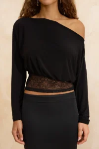 TRENDYOLMİLLA Black Asymmetric Yaka Lace Garnili Party Blouse - Image 4