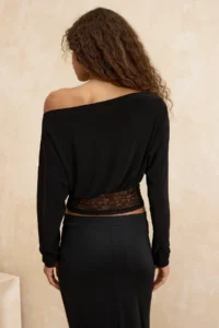 TRENDYOLMİLLA Black Asymmetric Yaka Lace Garnili Party Blouse - Image 5