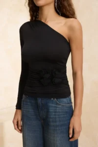 TRENDYOLMİLLA Black Flower Appliqued Single Arm Knitting Party Blouse - Image 3