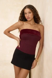 TRENDYOLMİLLA Black Fur Detailed Strapless Party Blouse