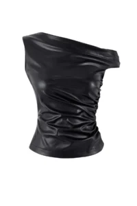 TRENDYOLMİLLA Black Asymmetric Yaka Sleeveless Knitting Faux Leather Party Blouse