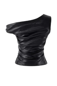 TRENDYOLMİLLA Black Asymmetric Yaka Sleeveless Knitting Faux Leather Party Blouse - Image 3