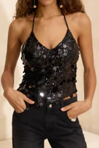 TRENDYOLMİLLA Black sequined Sleeveless Asymmetric Kesim Blouse - Image 3