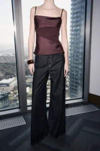 TRENDYOLMİLLA Limited Edition Brown Hafif Off-Shoulder Neck Satin Party Blouse - Image 3
