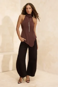TRENDYOLMİLLA Brown Asymmetric Kesim Barbell Collar Satin Blouse