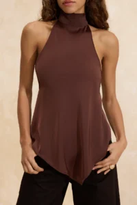 TRENDYOLMİLLA Brown Asymmetric Kesim Barbell Collar Satin Blouse - Image 3