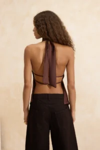 TRENDYOLMİLLA Brown Asymmetric Kesim Barbell Collar Satin Blouse - Image 4