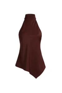 TRENDYOLMİLLA Brown Asymmetric Kesim Barbell Collar Satin Blouse - Image 5