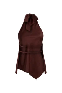 TRENDYOLMİLLA Brown Asymmetric Kesim Barbell Collar Satin Blouse - Image 6