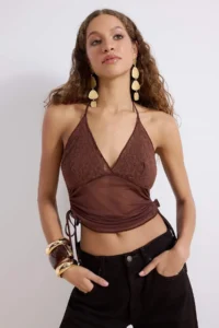 TRENDYOLMİLLA Brown Lace Detailed Shirred Tulle Blouse