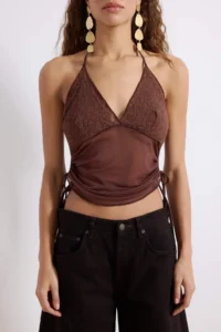 TRENDYOLMİLLA Brown Lace Detailed Shirred Tulle Blouse - Image 3