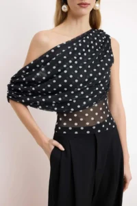 TRENDYOLMİLLA Black-White Asymmetric Yaka Polka Dot Party Blouse - Image 3
