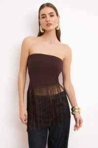 TRENDYOLMİLLA Brown Tassel Detailed Fitted Blouse