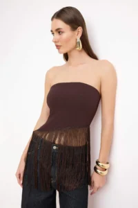 TRENDYOLMİLLA Brown Tassel Detailed Fitted Blouse - Image 2