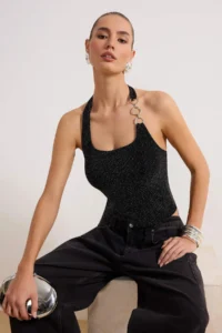 TRENDYOLMİLLA Black shiny Square Neck with accessories Knitting Party Blouse