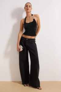 TRENDYOLMİLLA Black shiny Square Neck with accessories Knitting Party Blouse - Image 2