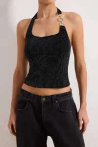 TRENDYOLMİLLA Black shiny Square Neck with accessories Knitting Party Blouse - Image 3