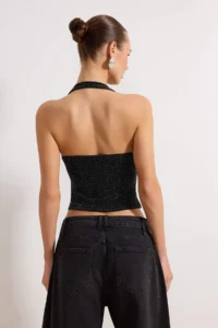 TRENDYOLMİLLA Black shiny Square Neck with accessories Knitting Party Blouse - Image 4