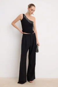 TRENDYOLMİLLA Black Stone Accessory Detailed Asymmetric Yaka Party Blouse - Image 2