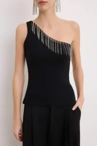 TRENDYOLMİLLA Black Stone Accessory Detailed Asymmetric Yaka Party Blouse - Image 3