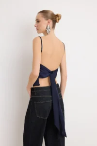 TRENDYOLMİLLA Navy Blue Arkadan tied up Satin Party Blouse