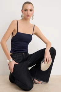 TRENDYOLMİLLA Navy Blue Arkadan tied up Satin Party Blouse - Image 2