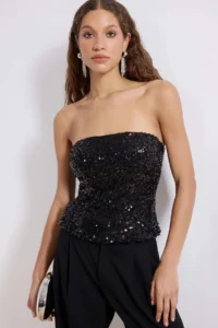 TRENDYOLMİLLA Black Strapless Yaka Pul Sequin Party Blouse