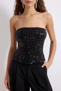TRENDYOLMİLLA Black Strapless Yaka Pul Sequin Party Blouse - Image 3