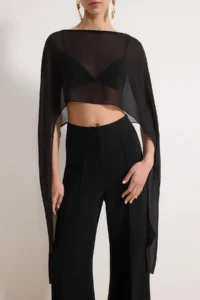 TRENDYOLMİLLA Black Asymmetric Kesim Unlined Siphon Pelerin Party Blouse - Image 3