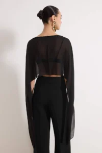 TRENDYOLMİLLA Black Asymmetric Kesim Unlined Siphon Pelerin Party Blouse - Image 4