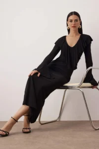 TRENDYOLMİLLA Black V-neck Frilly Knitting Midi Lined Elegant/Evening Dress