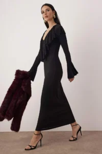 TRENDYOLMİLLA Black V-neck Frilly Knitting Midi Lined Elegant/Evening Dress - Image 2