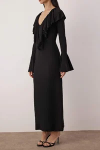 TRENDYOLMİLLA Black V-neck Frilly Knitting Midi Lined Elegant/Evening Dress - Image 3