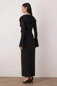 TRENDYOLMİLLA Black V-neck Frilly Knitting Midi Lined Elegant/Evening Dress - Image 4