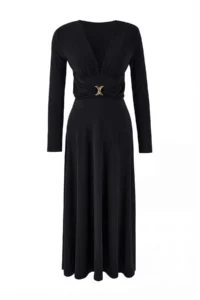 TRENDYOLMİLLA Black Accessory Detailed padded V-neck Knitting Dress - Image 5