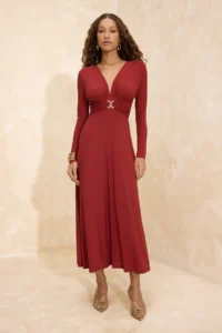 TRENDYOLMİLLA Brick Rejection Accessory Detailed padded V-neck Knitting Dress - Image 2