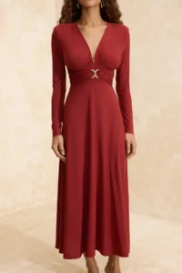 TRENDYOLMİLLA Brick Rejection Accessory Detailed padded V-neck Knitting Dress - Image 3