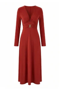 TRENDYOLMİLLA Brick Rejection Accessory Detailed padded V-neck Knitting Dress - Image 5