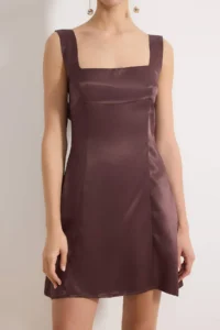 TRENDYOLMİLLA Brown Satin Plain Adjustable Sleeveless Mini Dress - Image 3