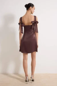 TRENDYOLMİLLA Brown Satin Plain Adjustable Sleeveless Mini Dress - Image 4