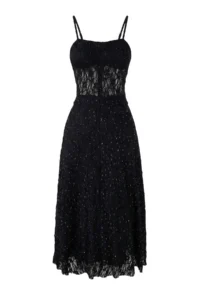 TRENDYOLMİLLA Black Lace Stone Printed Tulle Lined Midi Dress - Image 2