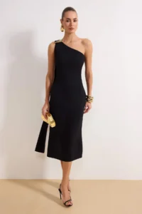 TRENDYOLMİLLA Black Plain Accessory Detailed Weaving Crepe Midi Lined Elegant/Evening Dress