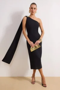 TRENDYOLMİLLA Black Plain Accessory Detailed Weaving Crepe Midi Lined Elegant/Evening Dress - Image 2