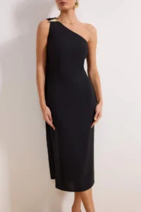TRENDYOLMİLLA Black Plain Accessory Detailed Weaving Crepe Midi Lined Elegant/Evening Dress - Image 3