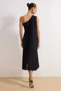 TRENDYOLMİLLA Black Plain Accessory Detailed Weaving Crepe Midi Lined Elegant/Evening Dress - Image 4