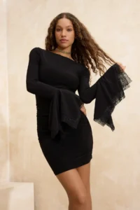 TRENDYOLMİLLA Black Lace Detailed Knitting Mini Elegant/Evening Dress - Image 2