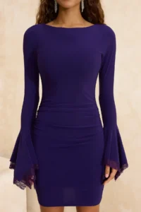 TRENDYOLMİLLA Purple Lace Detailed Knitting Mini Elegant/Evening Dress - Image 3