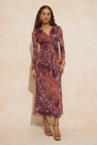 TRENDYOLMİLLA Multicolored Abstract flower patterned Lined Tulle Maxi Dress